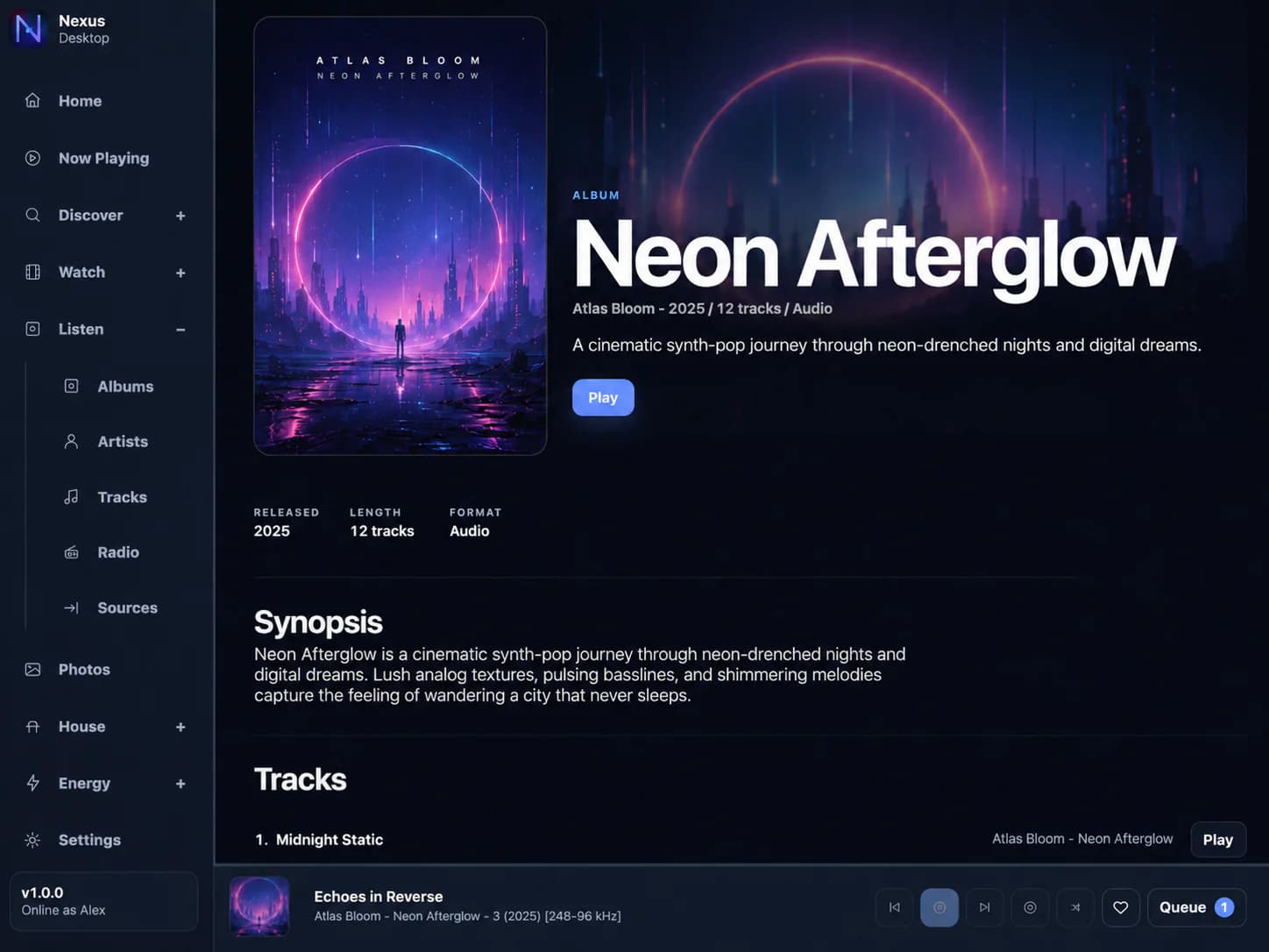 Desktop music library showing artists, albums and the current queue.
