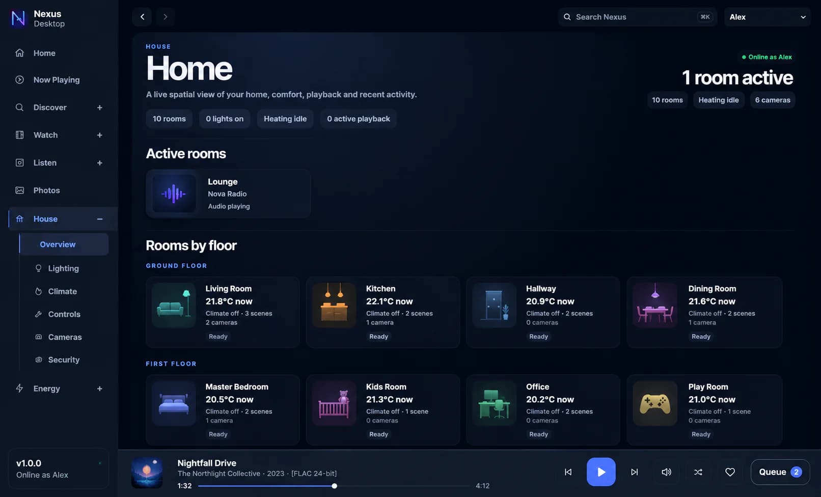 Nexus room overview with household comfort, playback and control context.